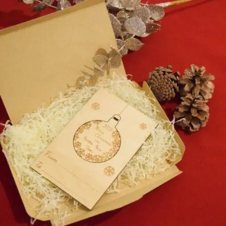 Christmas Postcard, Wooden Bauble Christmas Card, Christmas Bauble Ornament, Christmas gift, Christmas Tree Decoration, Wooden Xmas Card