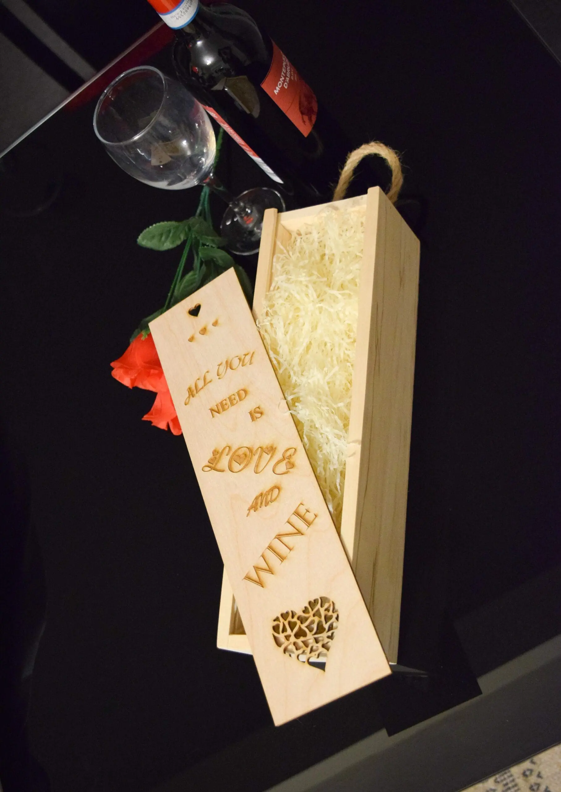 Couples Wine Box, Valentine's day Wine Box, Romantic Wooden Wine Box, Laser Engraved Wine Box, Wooden Wine Crate, Gift Wine, Wine Holder - Image 2