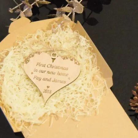 First Christmas in our new home Heart Decoration, Personalised Wooden Bauble
