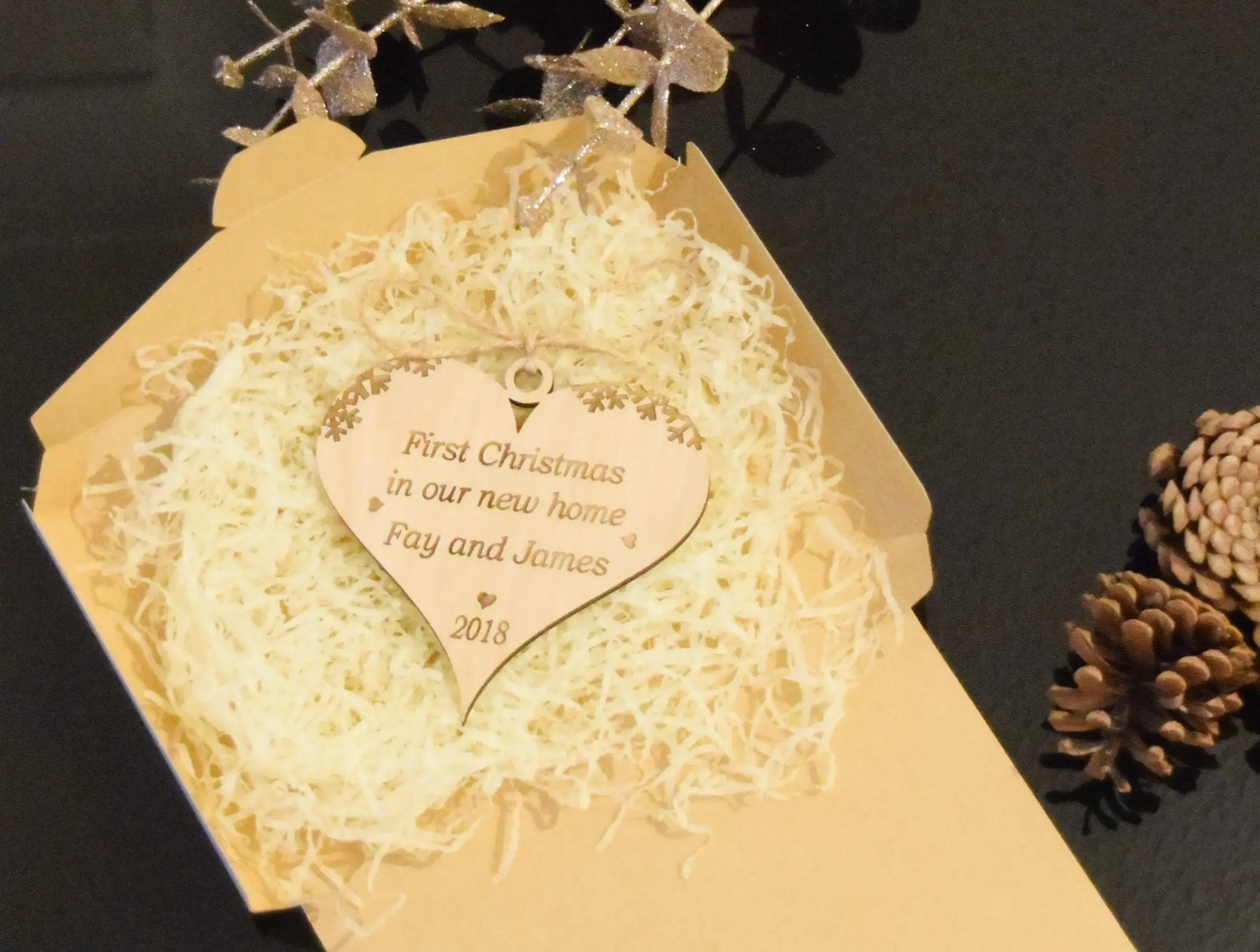First Christmas in our new home Heart Decoration, Personalised Wooden Bauble