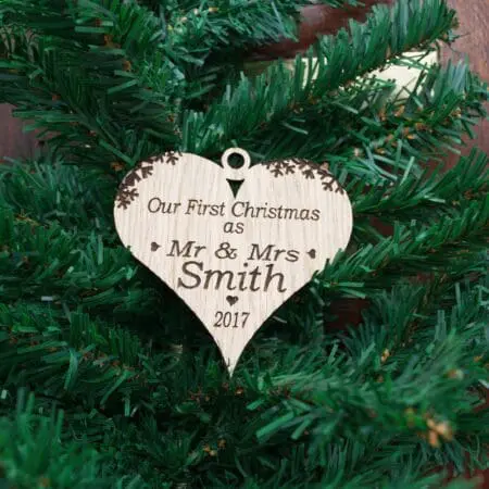 Personalised Heart Bauble Our First Christmas, Mr & Mrs Heart Decoration, Wooden Heart, Christmas Love, Merry Christmas, OAK Veneer