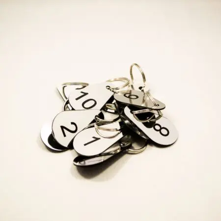 Set of 10 Drop shaped numbered key tags ideal for clubs, leisure centres, school