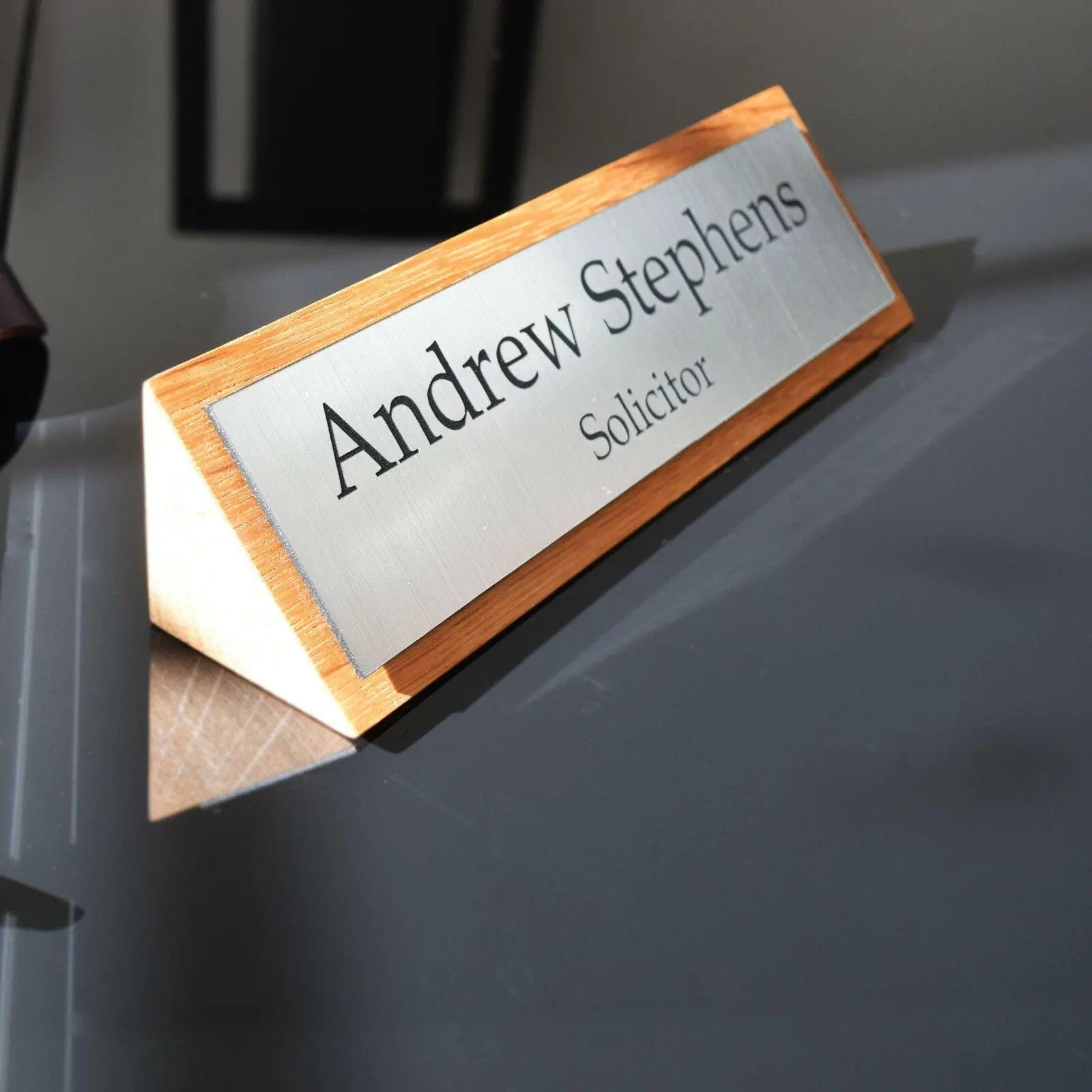 Solid Oak Base Silver Polishe Office Plaque, Stylish Personalised Desk Name Plate, Desk Plaque