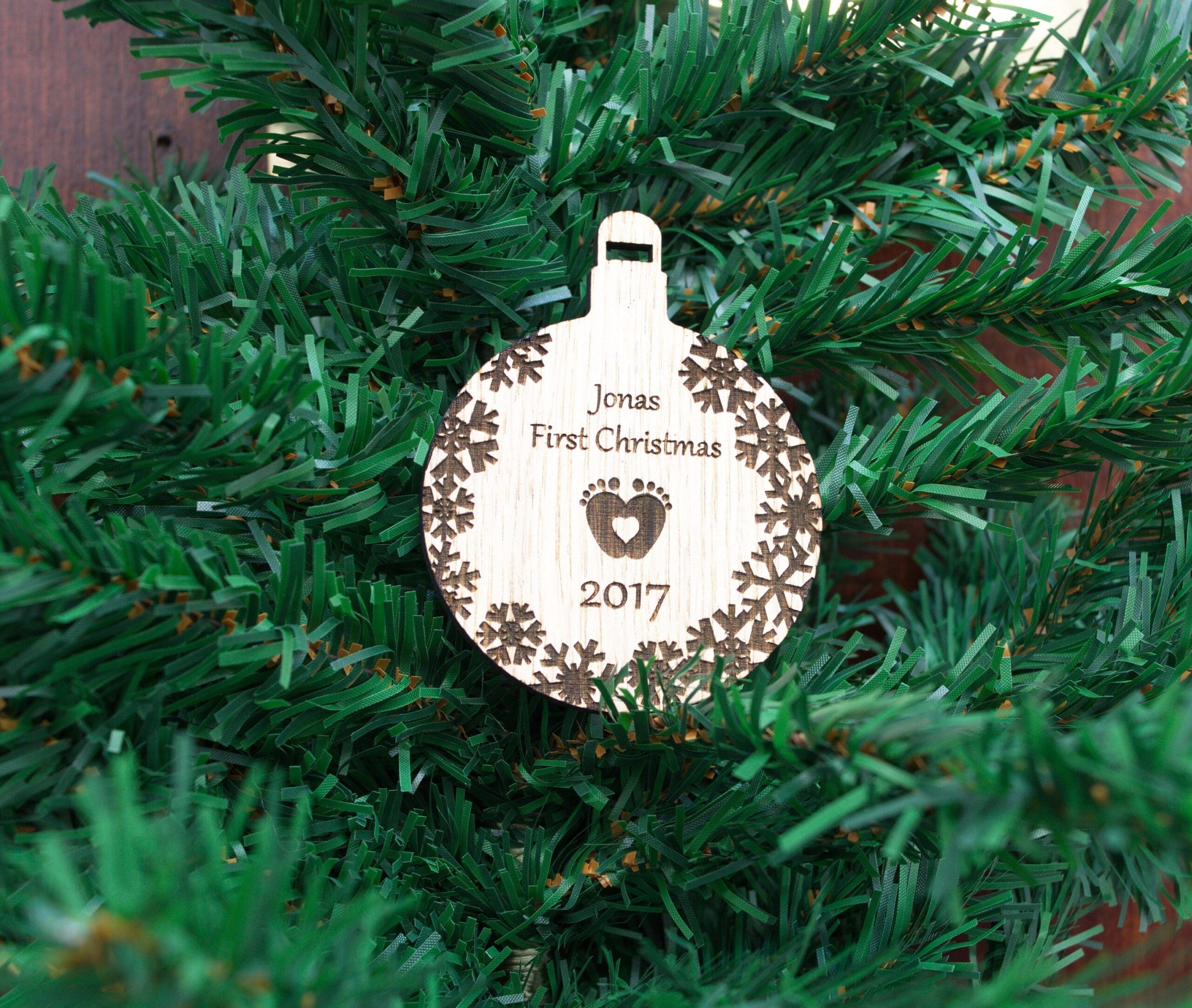 Oak Baby's First Christmas Personalised Wooden Bauble 
